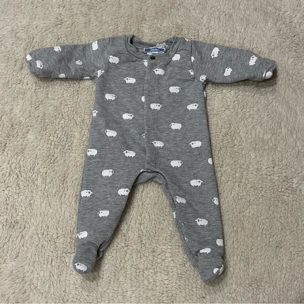 Jacadi Gray Footed Baby One-Piece with White Sheep Print